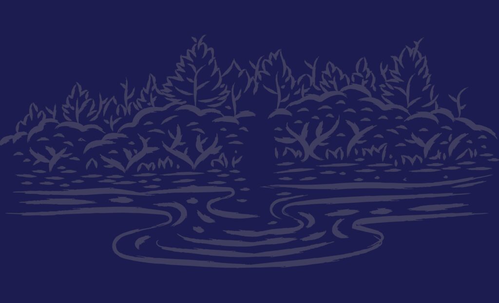 a line art illustration of a wooded shoreline of a river